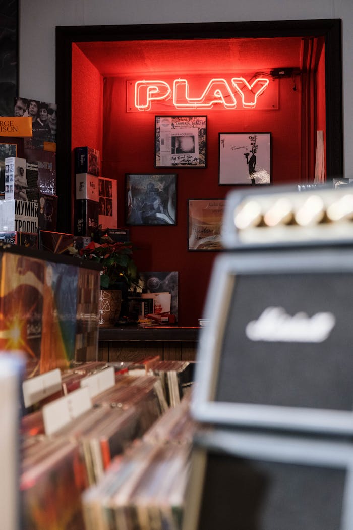 Explore a retro vinyl record store featuring a glowing neon Play sign and vintage albums.